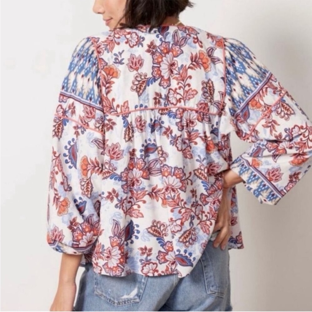 Evereve Penny Floral Kimono Linen Open Blouse Red Blue Women Small Extra Small - Picture 12 of 12